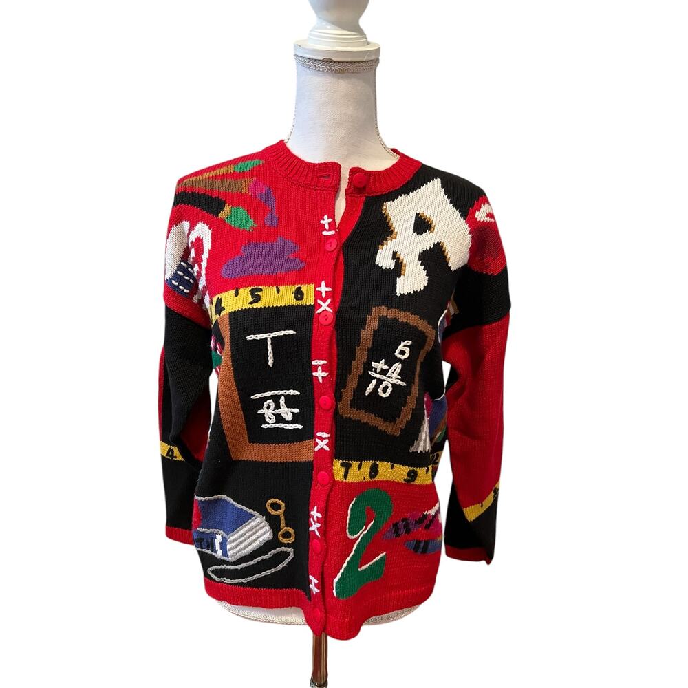 Vintage Red Black Multicolor Graphic Cardigan